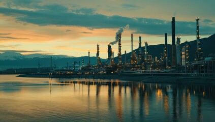 oil and gas plant at sunset with mountains in the background