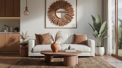 Boho interior design of modern living room, home. Wooden round coffee table with clay vase on it near white sofa with brown pillows, interior design