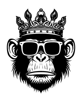 king gorilla wear crown sunglasses engraving black and white outline