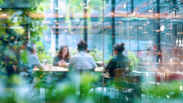 Futuristic office space with digital overlays on natural greenery, business professionals at work, blending technology with ecology