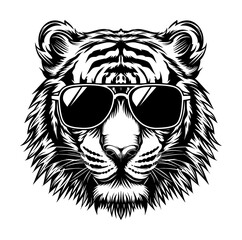 Obraz premium tiger sunglasses engraving black and white outline