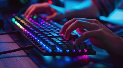 hands typing on gaming keyboard, color lights ambiences