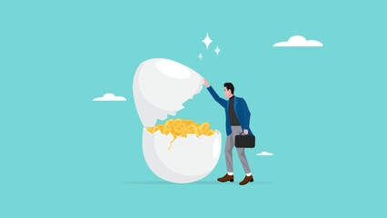 egg investment, investment profit and earning, success retirement planning with dividend or getting return on investment, happy businessman opens egg investment which contains lots of gold coins