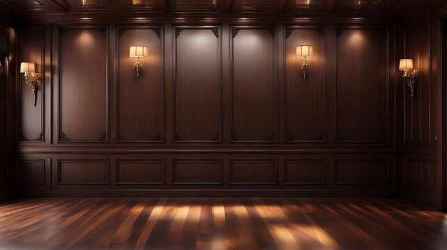 empty room with dark wood paneling and window, Luxury wood paneling background or texture. highly crafted classic or traditional wood paneling, with a frame pattern	