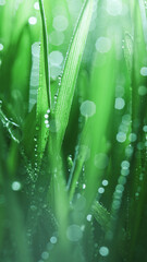 Fresh spring grass covered with morning dew drops. Vibrant colors with shallow dof and shiny water droplets. Showing tranquility of spring, environmentally conscious, or Earth day nature backgrounds.