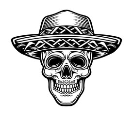 skull sombrero engraving black and white outline
