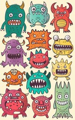 small cute monsters doodle art collection on plain color background