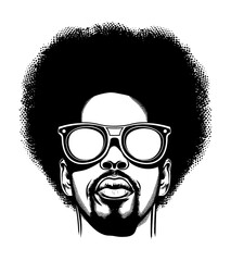afro man sunglasses engraving black and white outline