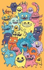small cute monsters doodle art collection on plain color background