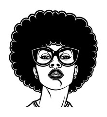 woman afro glasses engraving black and white outline