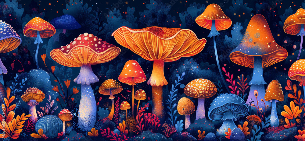 Poster whimsical mushroom pattern, a vibrant collection of whimsical mushroom patterns, perfect for adding 