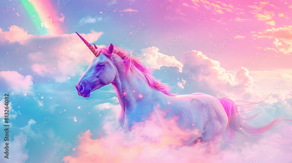Wall mural Enchanted unicorn, lovely rainbow sky. - Wall murals