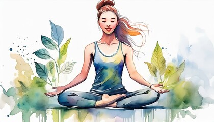 watercolor sketch of young woman doing yoga on white background