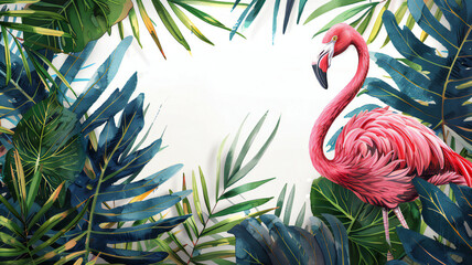 flamingo with leaf pattern background in watercolour.  