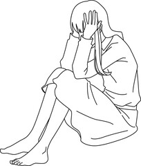 頭を抱えて体育座りで悩んでいる女性線画
