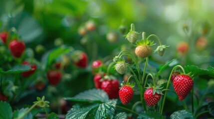 Strawberry plant with ripening berries growing in the garden