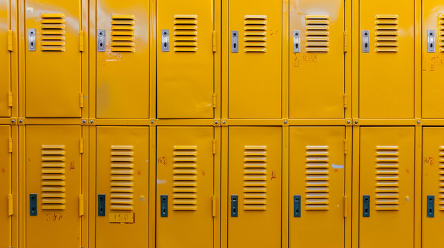 A wall of school lockers in a repeating pattern, each painted a vibrant yellow and equipped with a combination lock and vented doors - Powered by Adobe