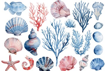 sea weed, stones, shells, corals, fish in watercolor on white background