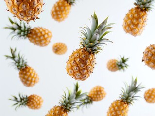 pineapples flying on air over a white background