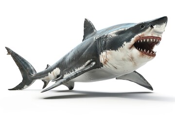 white shark open mouth showing teeth, white background