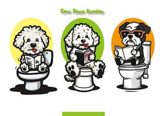 This cartoon illustration features a cute dog sitting on a toilet seat and reading a book. some dog are wearing glasses and has a focused expression on its face. 
