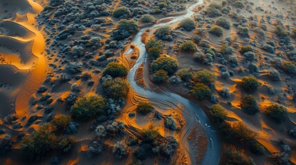 Imagine an aerial view of a winding path through desert sand dunes leading to a hidden oasis, a vital refuge for wildlife and travelers