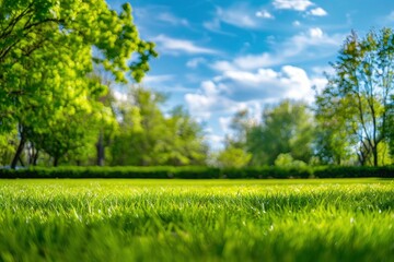 Beautiful blurred background image of spring nature with a neatly trimmed lawn surrounded by trees against a blue sky with clouds on a bright sunny day - generative ai