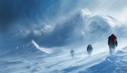 Portray a group of explorers trekking across a polar ice cap, braving subzero temperatures and biting winds