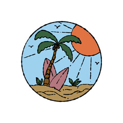 Summer Paradise Badge Flat Style With Line Art Vector Illustration