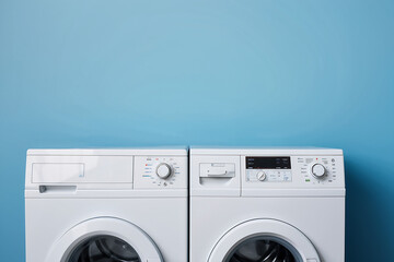 Laundry room. Close up of washing machine against blue wall