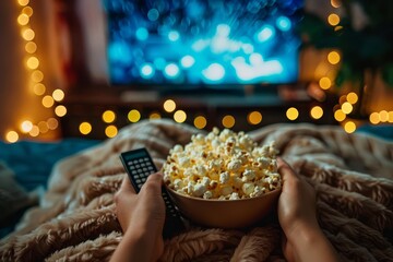 cozy movie night at home with hands holding bowl of popcorn and remote control blurred tv screen background