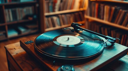 Vintage Vinyl Records and Turntable on Wooden Table Music Audio