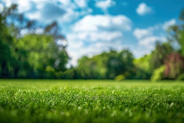 Beautiful blurred background image of spring nature with a neatly trimmed lawn surrounded by trees against a blue sky with clouds on a bright sunny day - generative ai