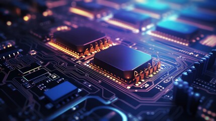 Obraz premium Neonlit circuit board in a tech lab side view Circuit glow and innovation futuristic tone Triadic Color Scheme.