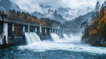 Water rushes through hydroelectric dam, Forest and mountains in distance