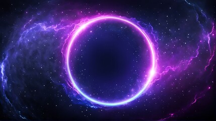 Obraz premium pink circle light frame on black background. Pink light effects on round placeholder for your text on dark background. A blue glowing circle. For futuristic or technology-themed designs 