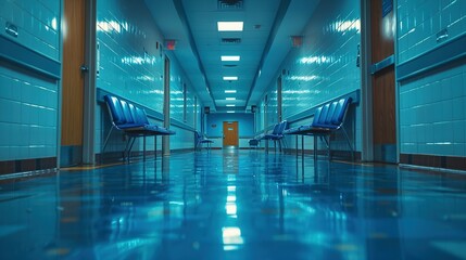 Array of Uninhabited Blue Chairs in Hospital Corridor