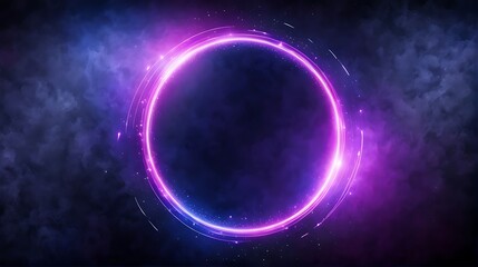  pink circle light frame on black background. Pink light effects on round placeholder for your text on dark background. A blue glowing circle. For futuristic or technology-themed designs 