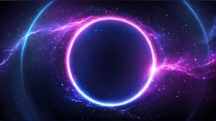  pink circle light frame on black background. Pink light effects on round placeholder for your text on dark background. A blue glowing circle. For futuristic or technology-themed designs 