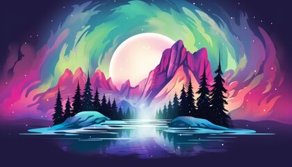 The image is a beautiful landscape painting of a mountain range at night