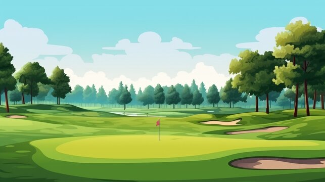 The green golf course with sand bunker and red flag