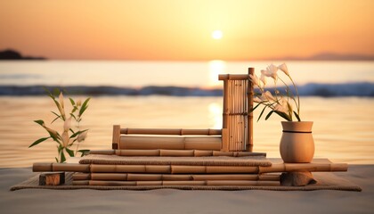 The photo shows a bamboo structure on the beach with a vase and plants on it. The sun is setting in the background, casting a warm glow over the scene.