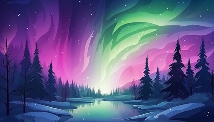 A beautiful winter landscape with a aurora in the night sky. The aurora is reflected in the water of a frozen lake, and the trees are covered in snow.
