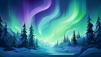 The photo shows a beautiful winter landscape with a starry sky and colorful northern lights in the sky.