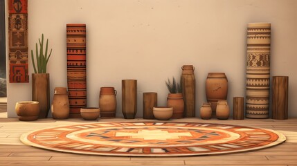 The photo shows a variety of African style pots and vases in neutral colors with a woven rug on the floor.