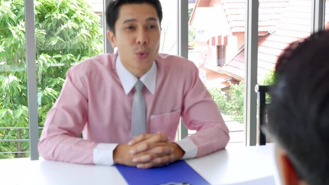 Job Interview with headhunter agent and applicant. Job HR applicants having an interview with Human resource manager jobs interviewing with confident candidate at business firm office give cv resume