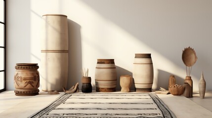 The photo shows several handmade items made of natural materials such as wood and cotton