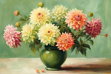 Obraz premium Pink, yellow Dahlia flowers in the vase still life oil painting