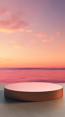The round podium is located on the background of the sunset over the sea.