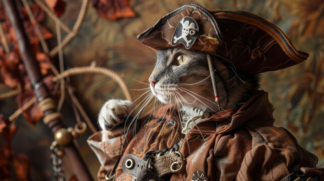 A sleek cat dressed as a pirate with a detailed eye-patch and a small hat